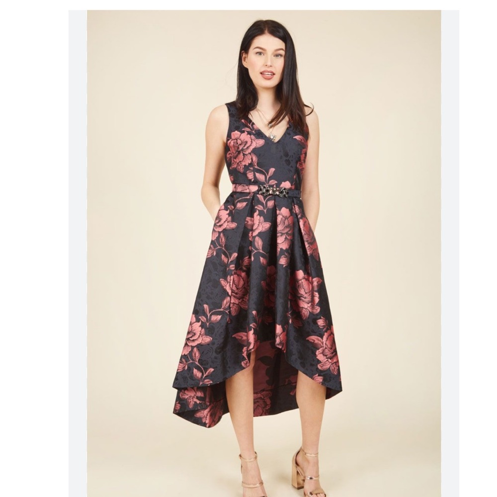 Eliza J Black and Pink Floral High Low Dress